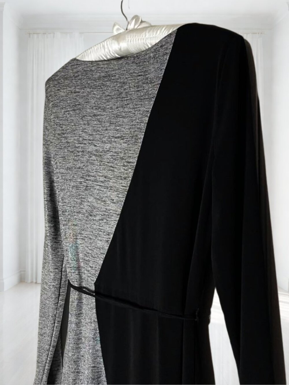 Sandra Darren Black Grey Diagonal Colorblock Long Sleeve Belted Dress Size 12 - Picture 4 of 11